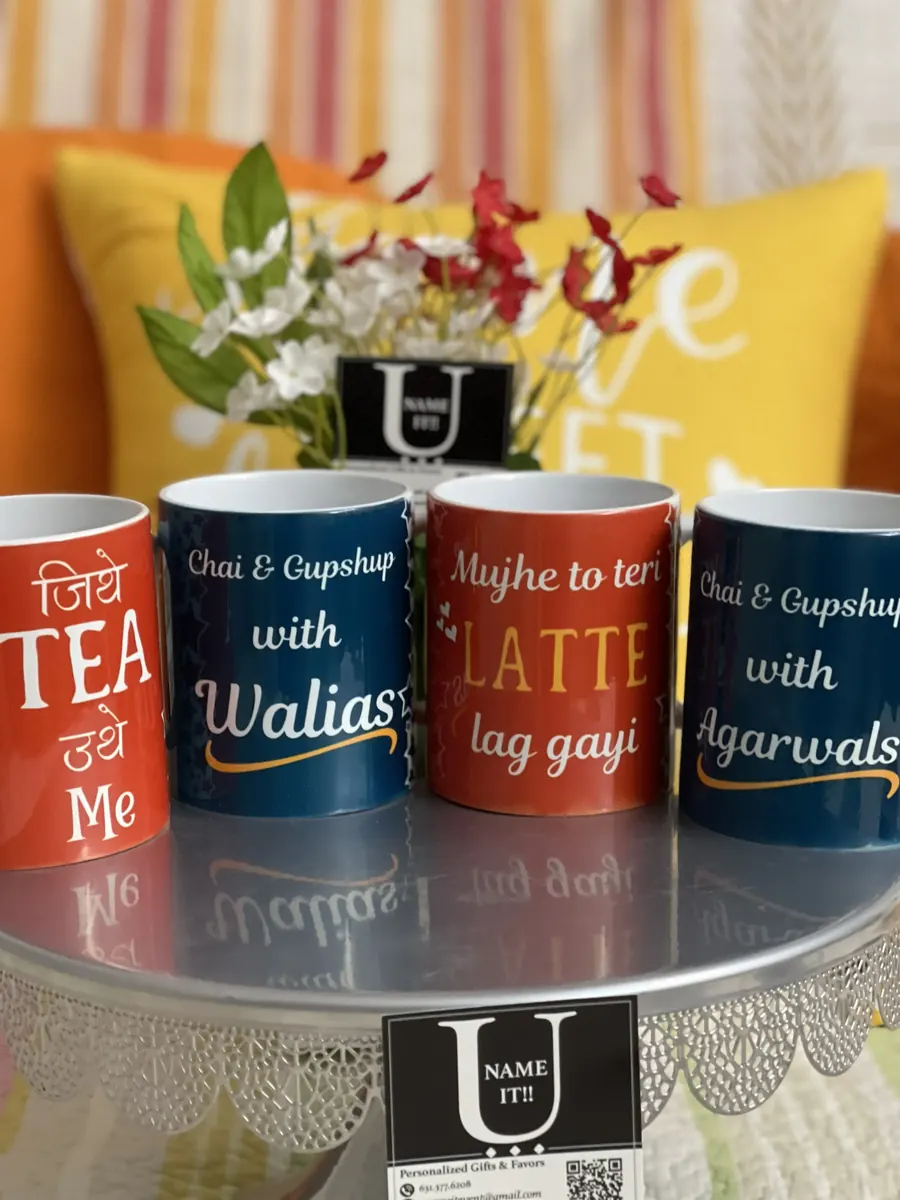 Chai mugs personalized with family names in Hindi and English